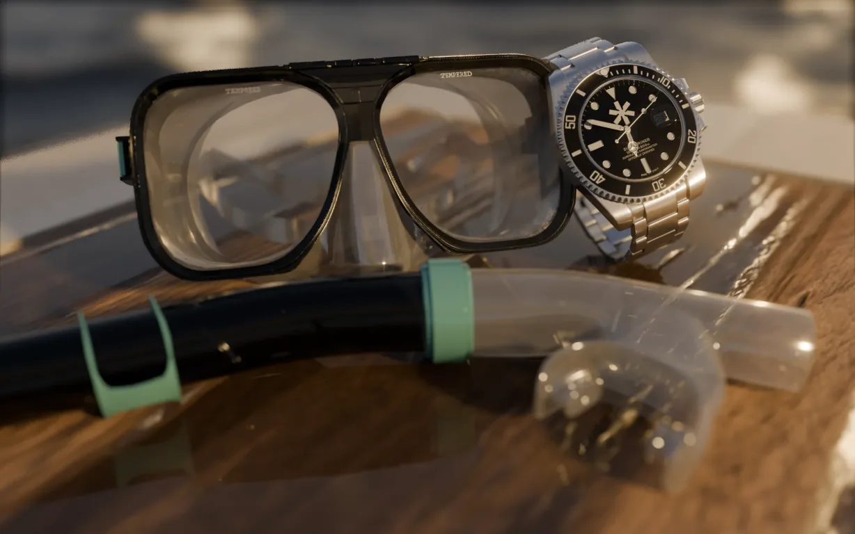Maschera da sub, boccaglio e orologio su una superficie in legno bagnata, al tramonto