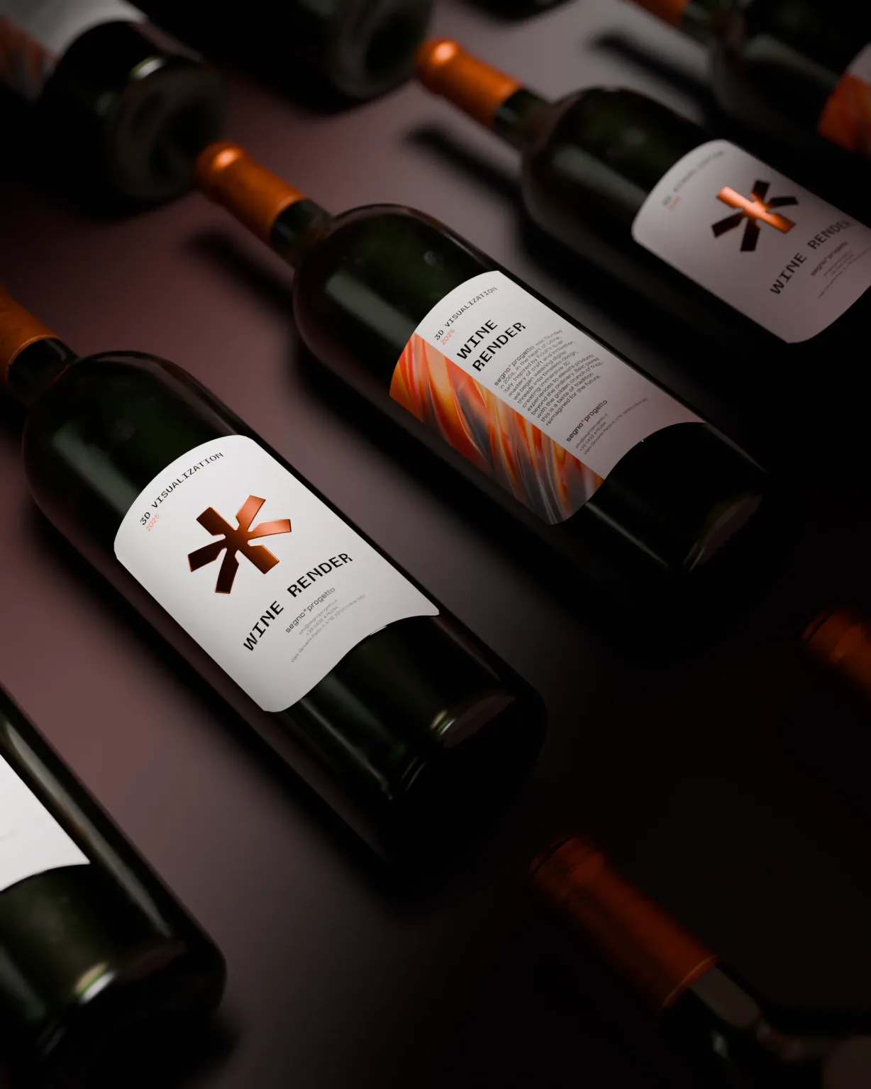 Rendering fotorealistico di una bottiglia di vino con l’identità di SegnoProgetto