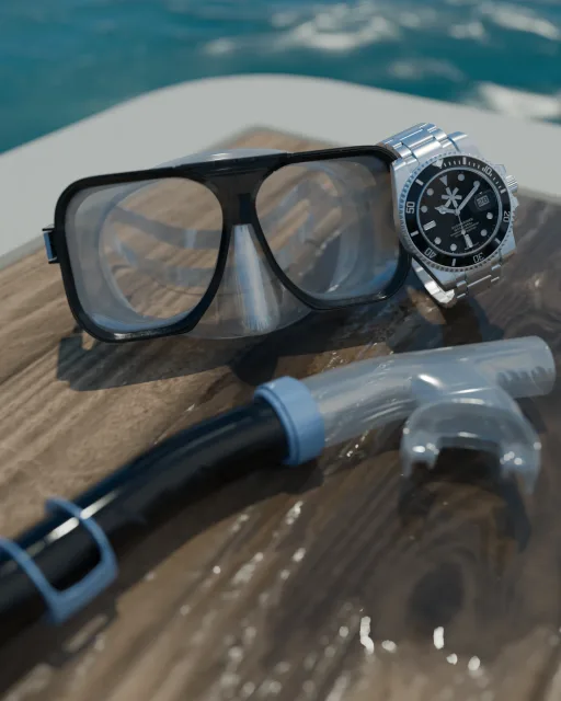Maschera da sub e orologio sul legno