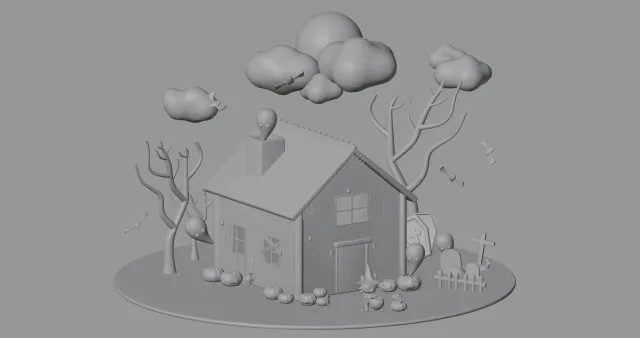 La scena 3D della casa di Halloween in argilla grigia
