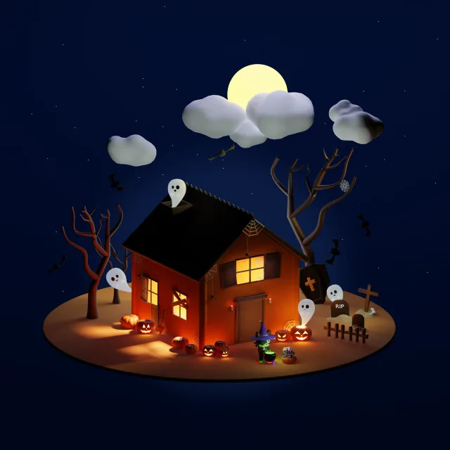 La scena di Halloween finita, con colori e luci
